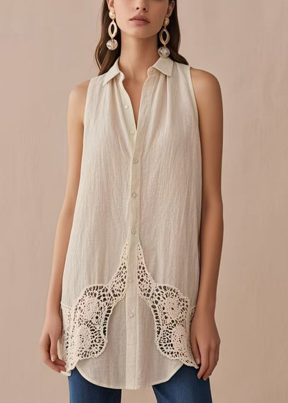 White Peter Pan Collar Patchwork Linen Shirts Sleeveless