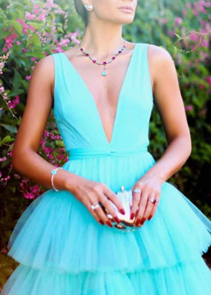 Blue V Neck High Waist Tulle Dress Sleeveless