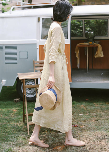 Apricot Embroidered Tie Waist Linen Dress Summer