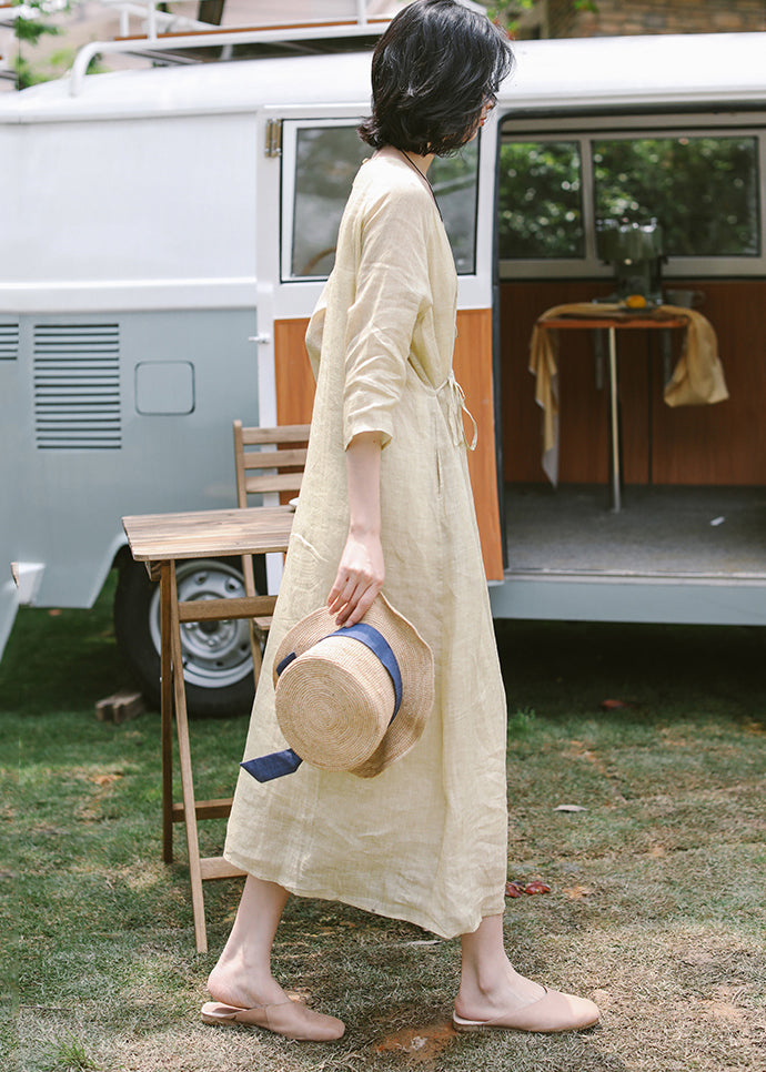 Apricot Embroidered Tie Waist Linen Dress Summer