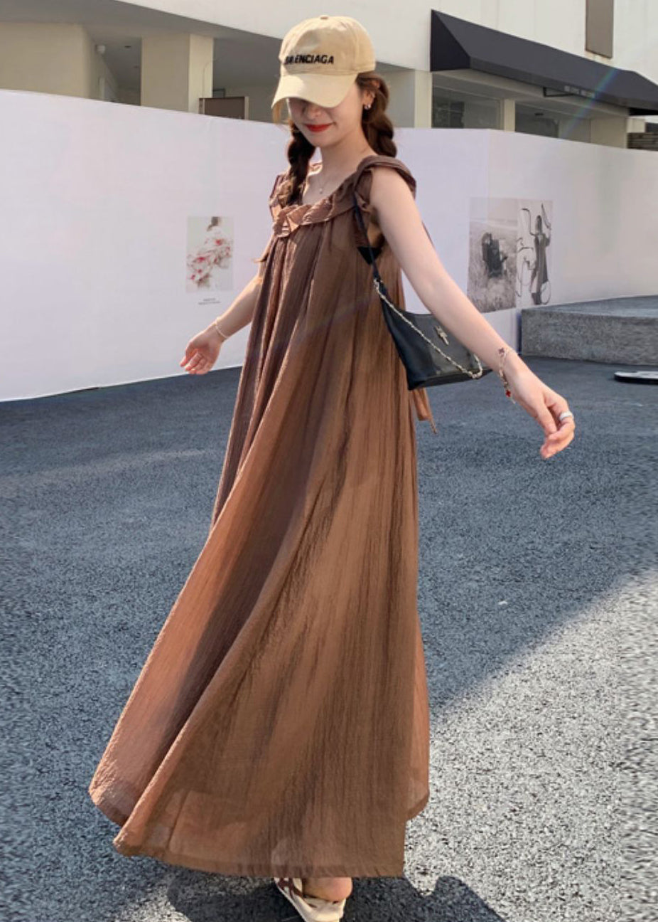 Coffee Ruffled High Waist Cotton Jumpsuit Sleeveless