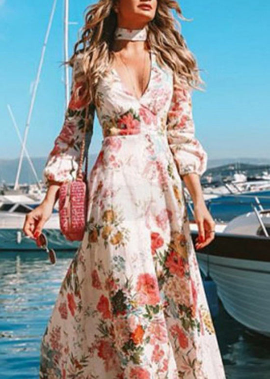 V Neck Print Cotton Dress Long Sleeve