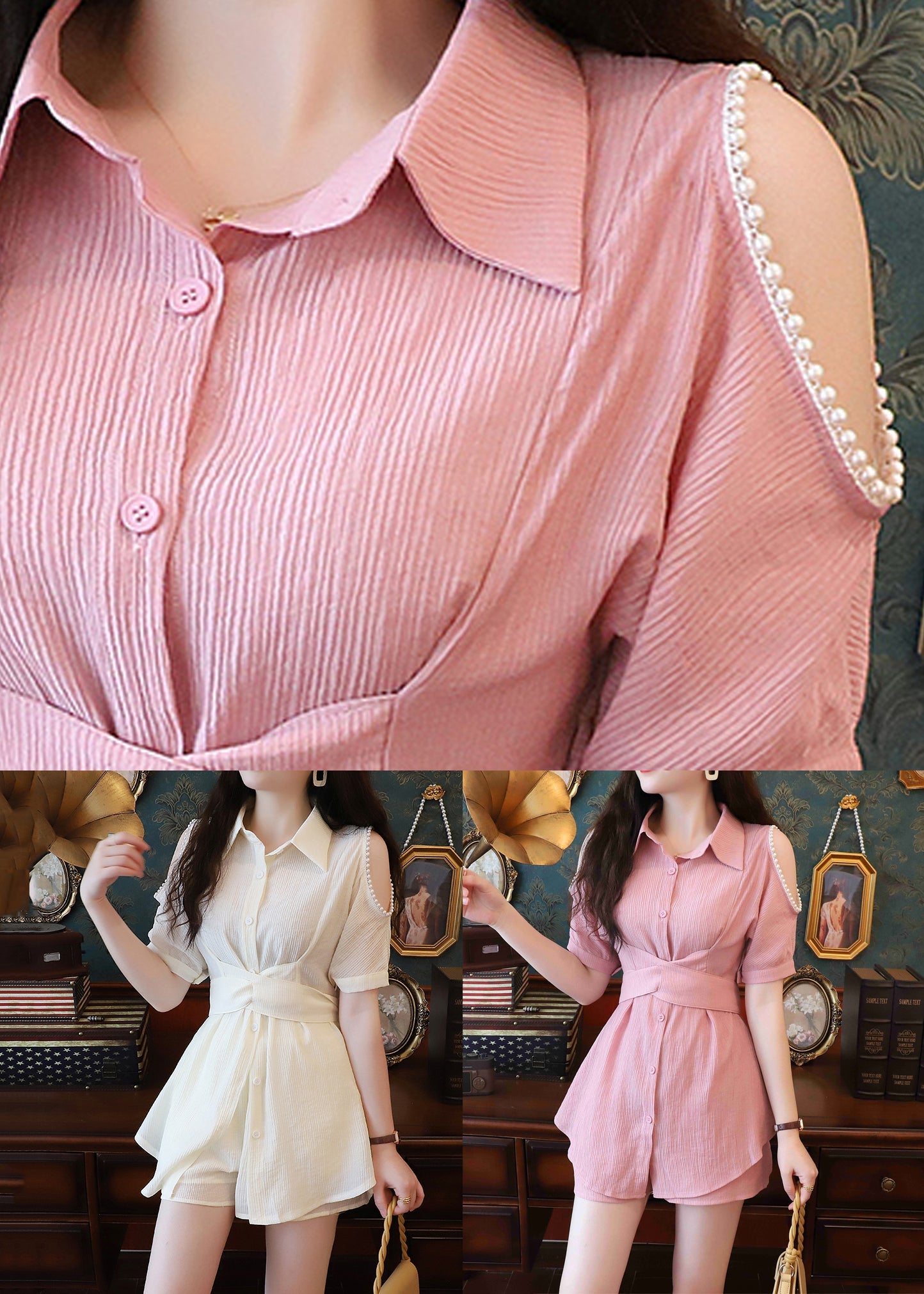 Beige Pearl Shirts and Shorts Cotton Two-piece Set Summer