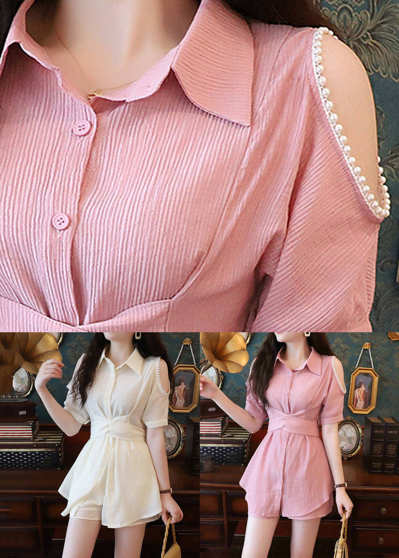 Beige Pearl Shirts and Shorts Cotton Two-piece Set Summer