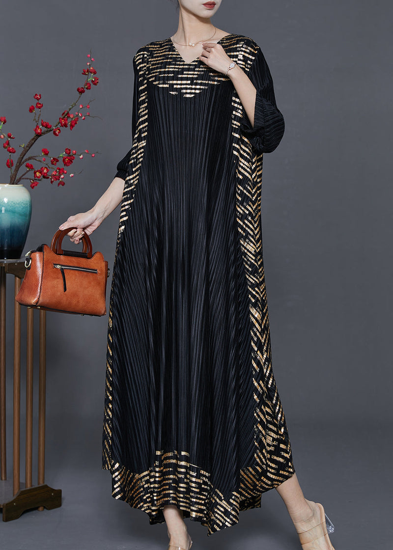 Black Oversized Print Wrinkled Silk Holiday Dresses Spring
