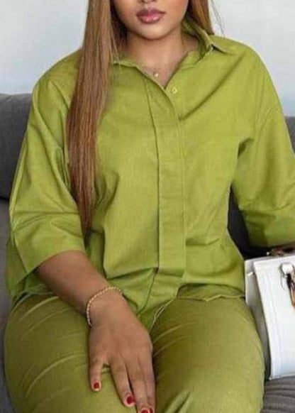 Green Tops and Pants Cotton Two-piece Set Fall