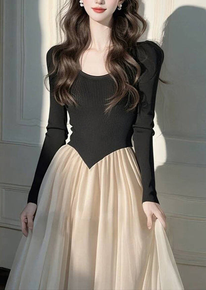 Style Black Long Dress Wrinkled Patchwork Long Knit Dress Long Sleeve