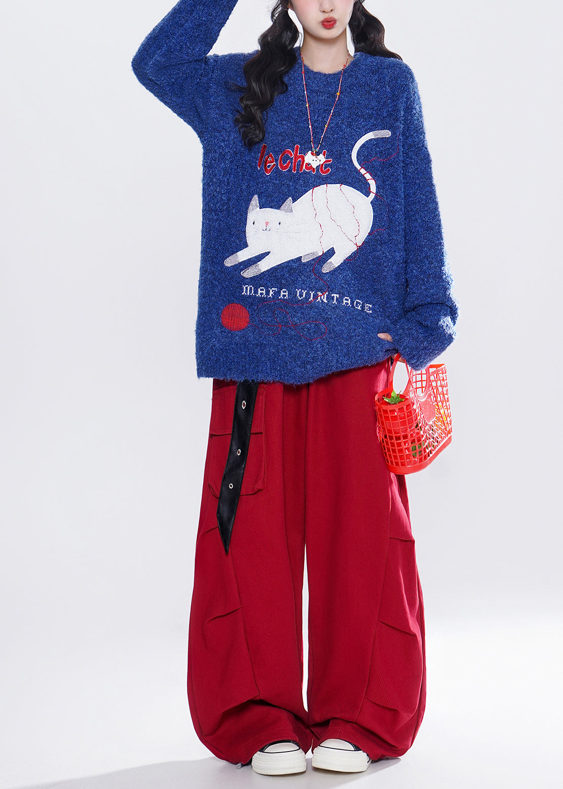 French Blue Embroidered Cat Knit Tops Winter