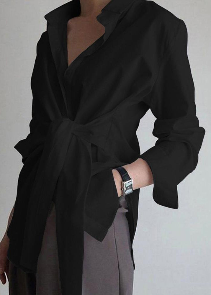 White Peter Pan Collar Lace Up Cotton Shirts Spring