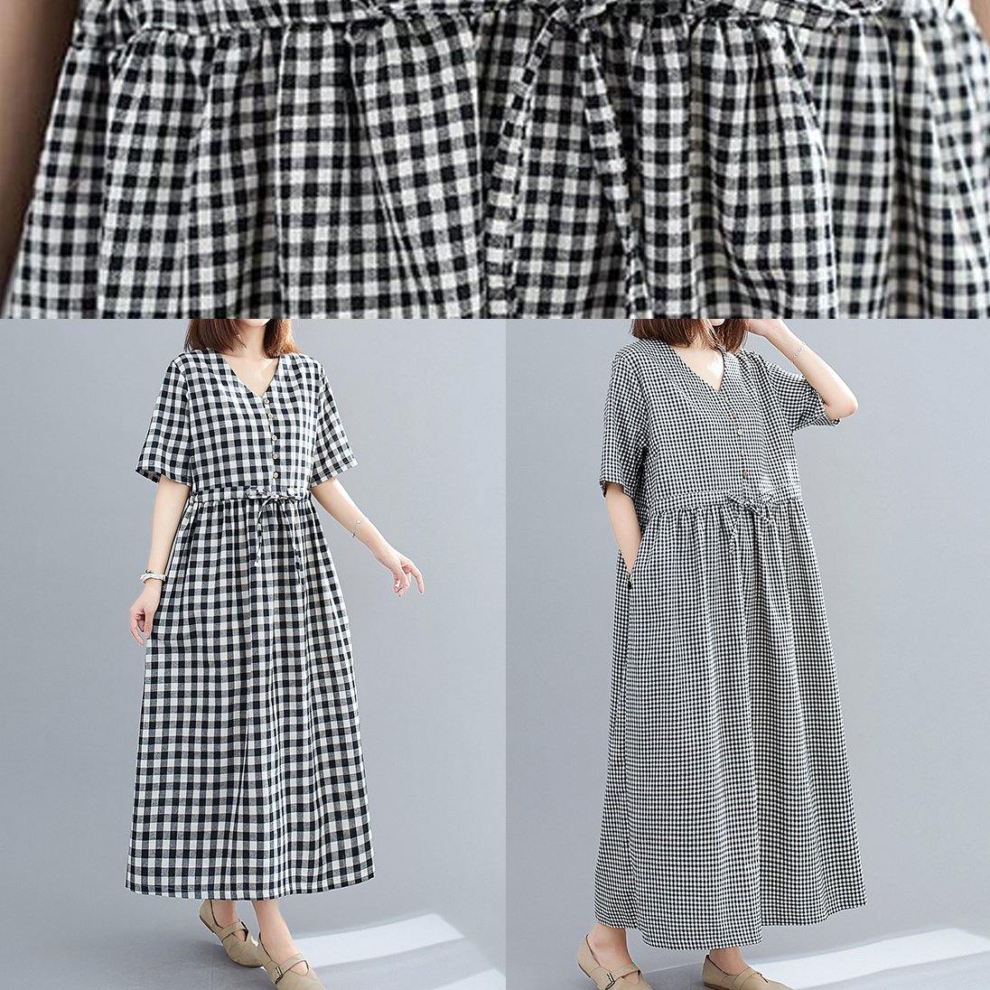 Simple Black Plaid Linen Cotton Dresses V Neck Drawstring Loose Dresses