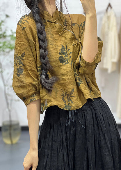 Yellow Stand Collar Print Linen Top Bracelet Sleeve