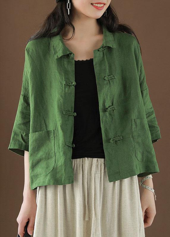 Green Peter Pan Collar Pockets Summer Linen Top