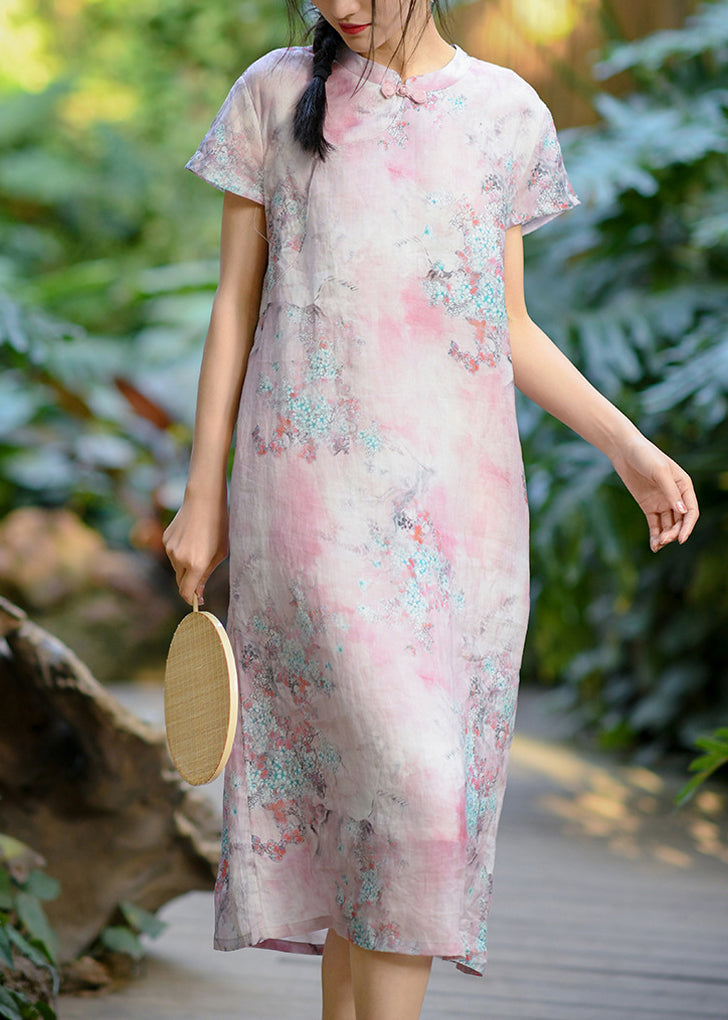 Retro Yellow Stand Collar Print Chinese Button Linen Dress Summer