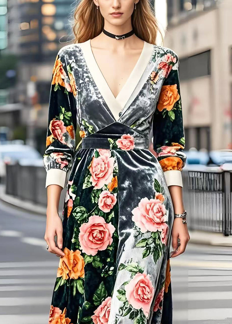 Silm Fit V Neck Patchwork Silk Velvet Robe Dresses Spring
