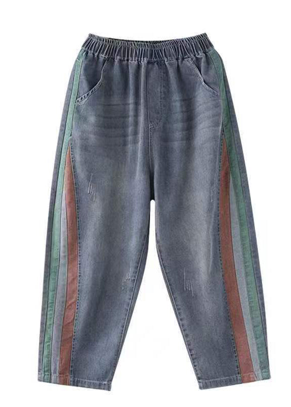 Blue Pockets Elastic Waist Denim Crop Pants Summer