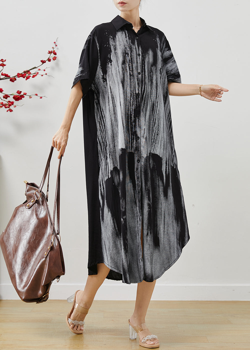 Black Oversized Print Cotton Shirt Dresses Summer