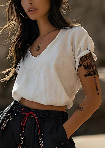 Stylish White V Neck Cotton Short T Shirts Tops Summer