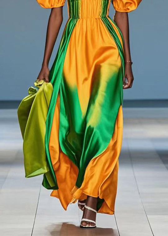 Yellow Puff Sleeve Tie Dye Silk Holiday Dress