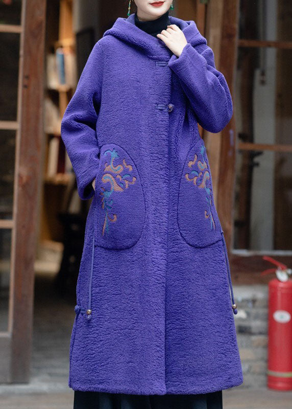 Purple Hooded Embroidered Tassel Teddy Faux Fur Coats Winter