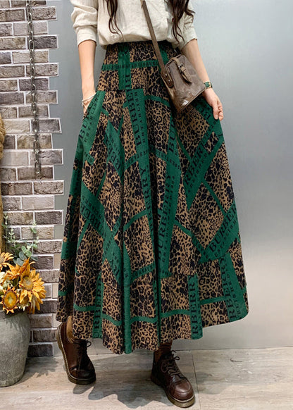 Green Print Pockets Cotton Skirt Fall