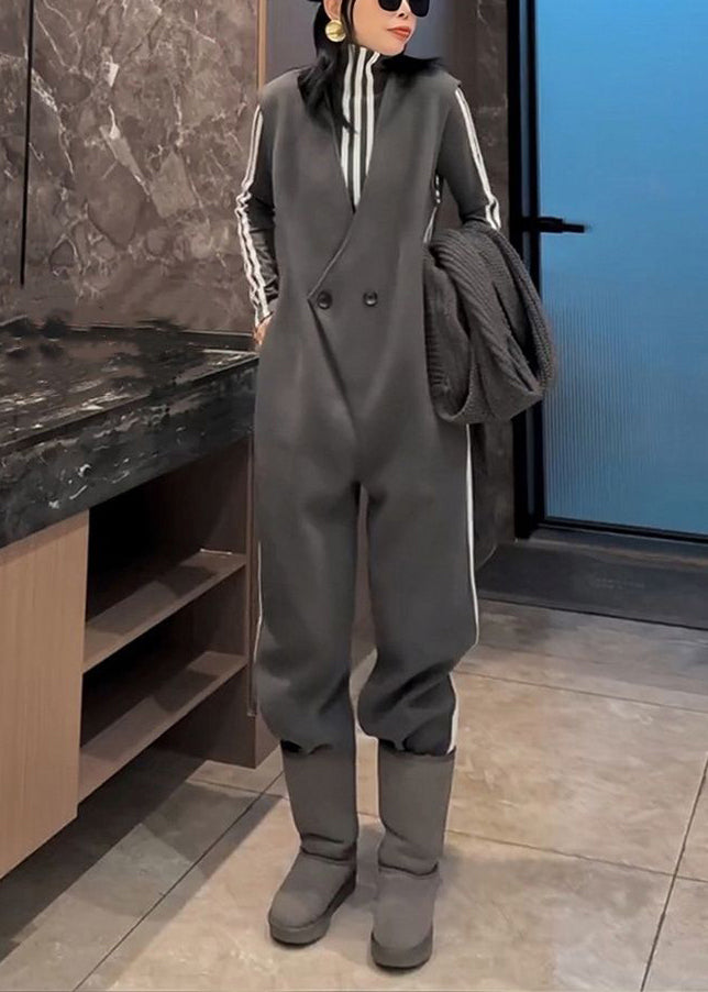 New Grey Striped Button Tops and Jumpsuit Cotton Two Pieces Set Spring
