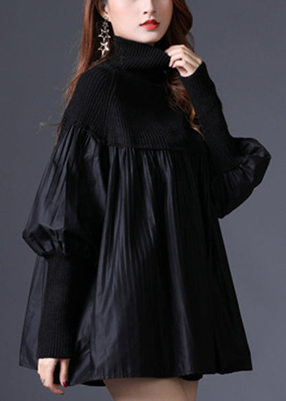 Black Turtleneck Knit Patchwork Cotton Sweater Long Sleeve