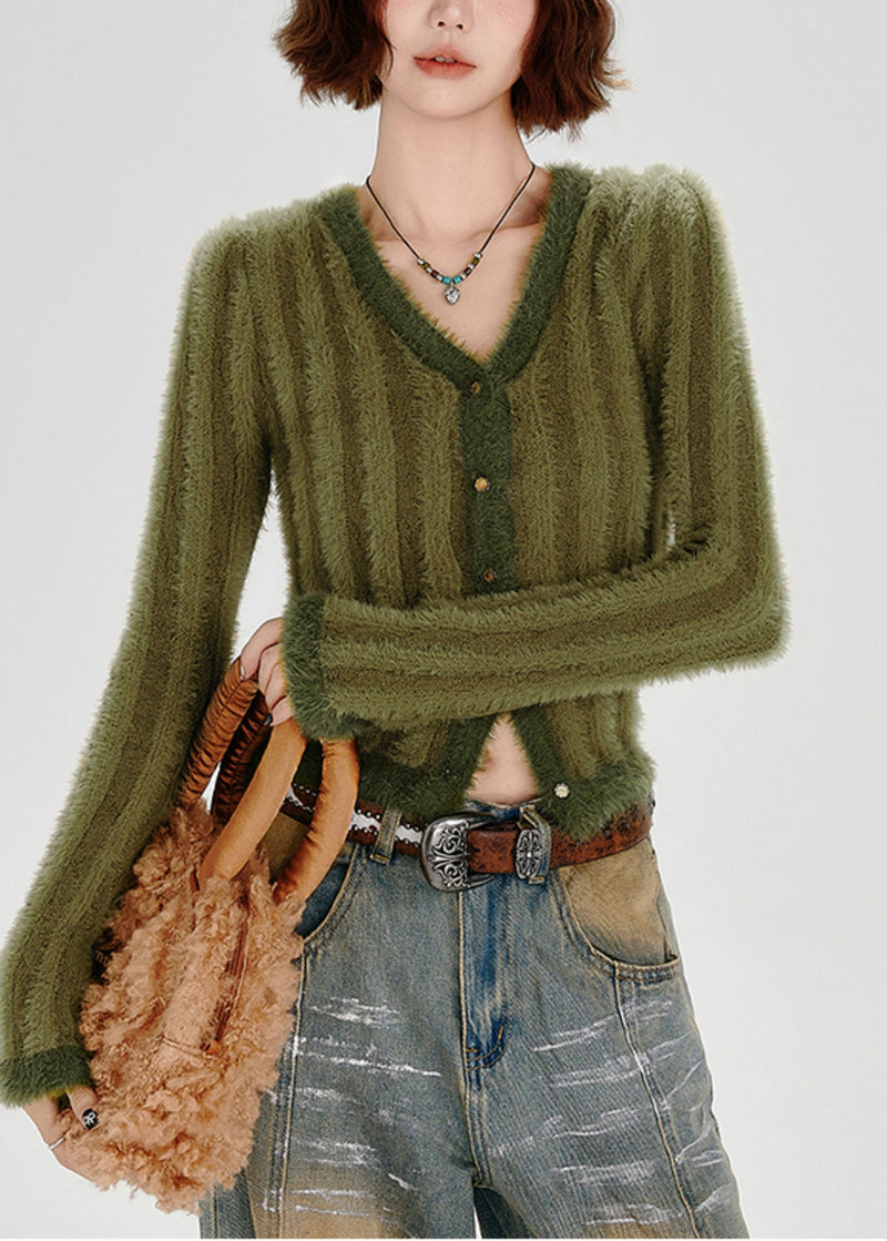 Green V Neck Striped Fuzzy Fur Fluffy Knit Cardigans Winter