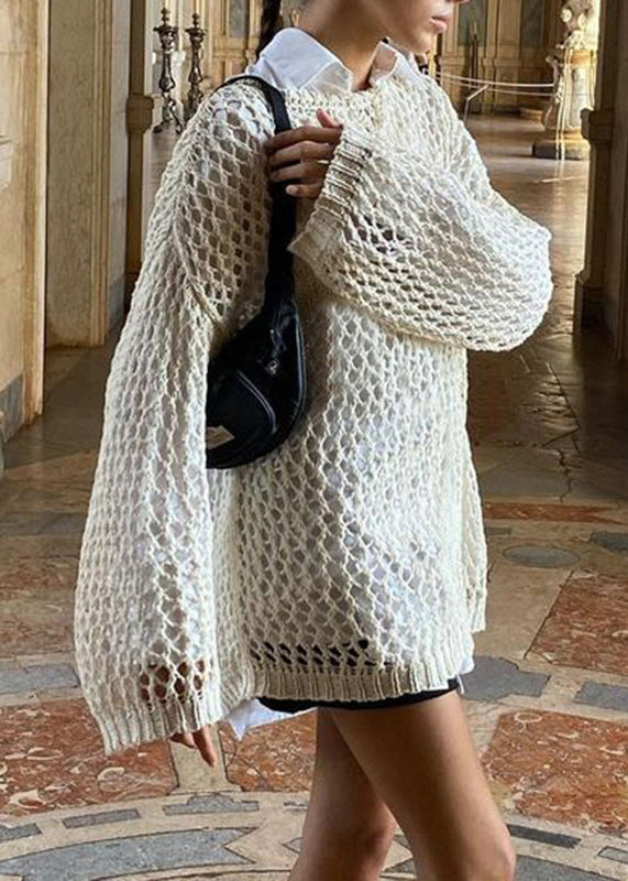 Loose Beige Hollow Out Knit Sweater Summer