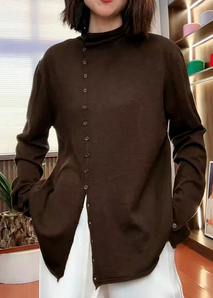 Coffee Stand Collar Button Patchwork Knit Sweaters Fall