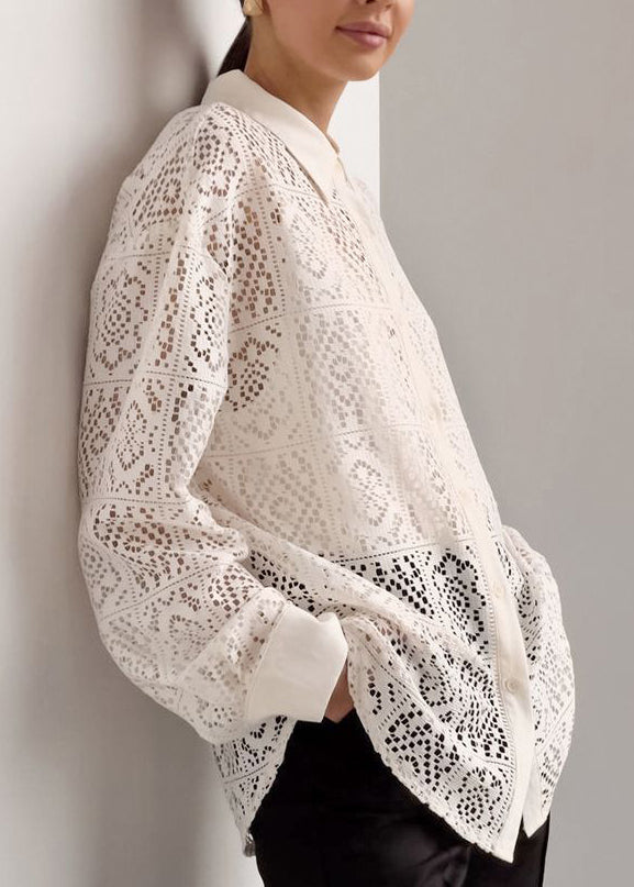 Stylish Beige Peter Pan Collar Hollow Out Cotton Shirt Tops Spring