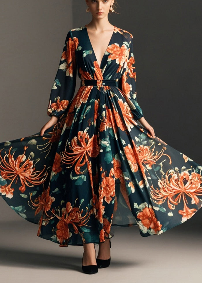 Black Cinched Print Chiffon Party Dress Fall