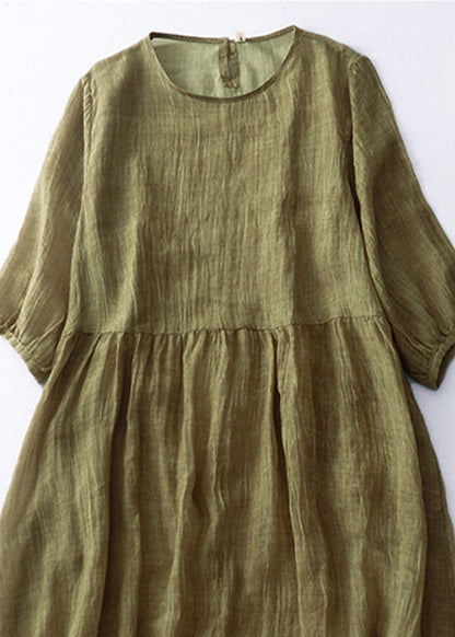 Green O-neck Patchwork Linen Maxi Dress Short Sleeve