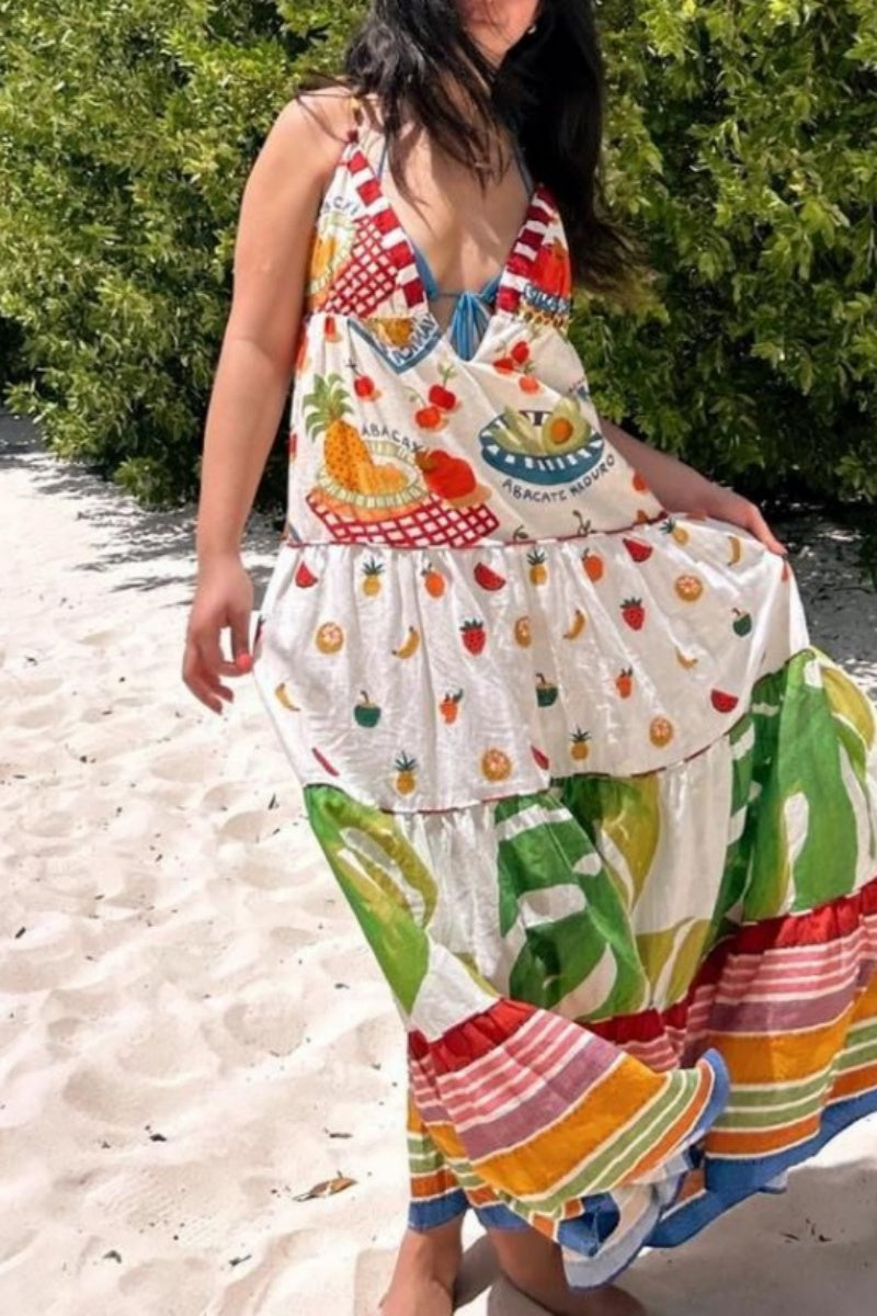 Print Backless Deep V Neck Long Dresses
