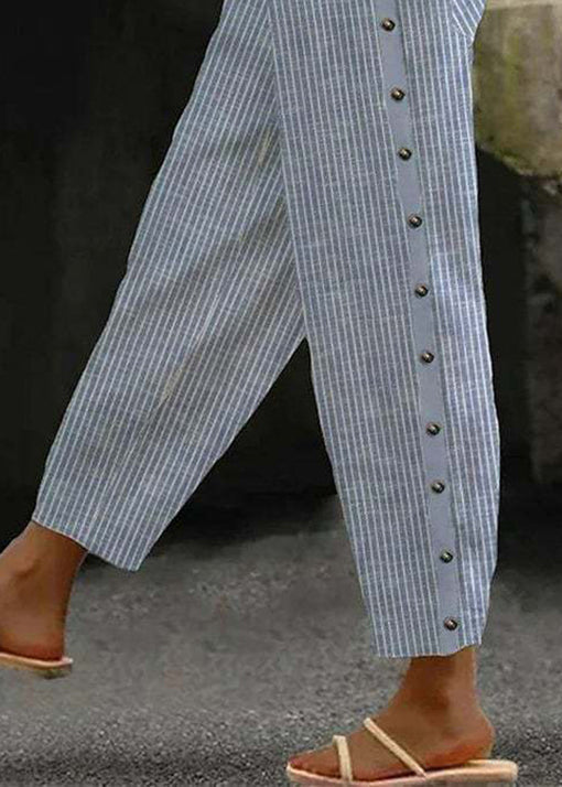 Blue Striped Pockets High Waist Cotton Crop Pants Summer