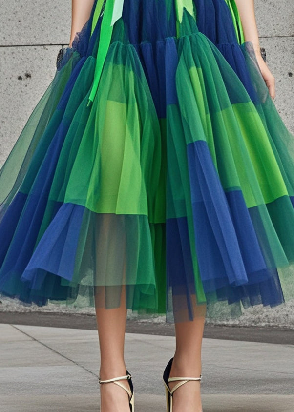 Colorblock Elastic Waist Patchwork Tulle Skirt Summer