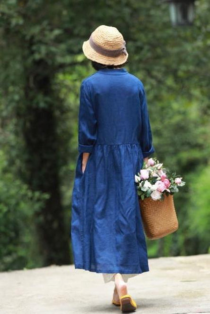 Loose Blue and Red Button Down Linen Maxi Dresses for