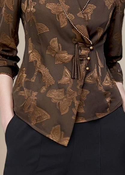 Stylish Coffee Notched Print Button Chiffon Shirt Spring