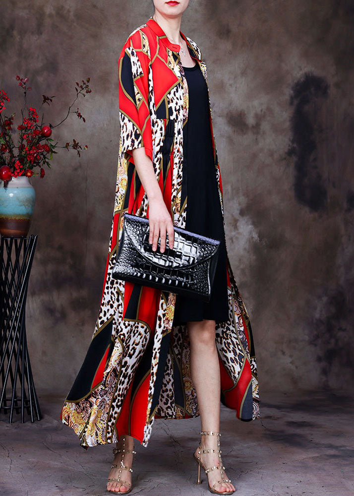 Red Stand Collar Leopard Print Chiffon Long Cardigans Summer