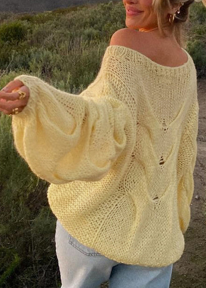 Handmade Yellow O Neck Knit Sweater Tops Lantern Sleeve