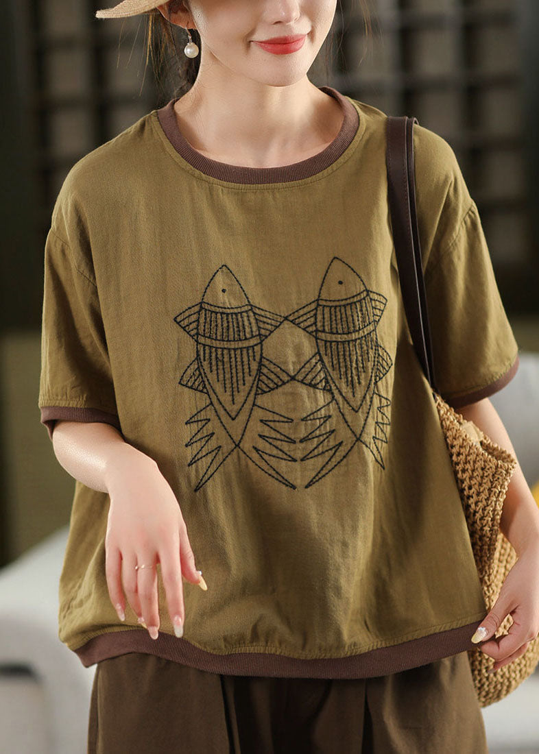 White O Neck Embroidered Loose Linen T Shirts Summer