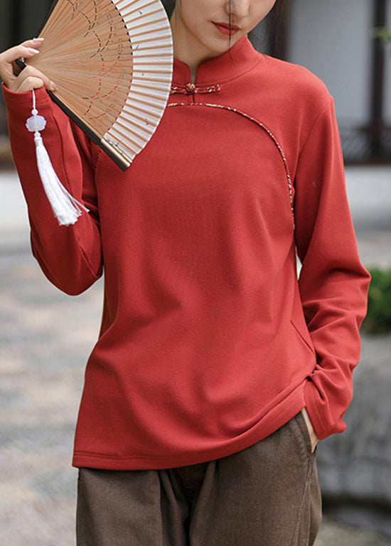 Boutique Beige Stand Collar Oriental Button Cotton Top Spring