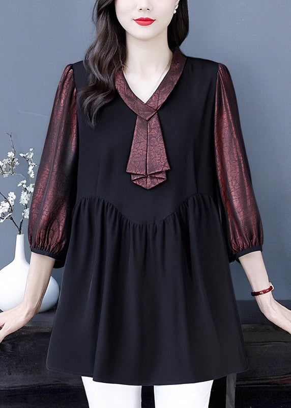 Dull Red Heart Neck Patchwork Fake Two Piece Shirt Bracelet Sleeve