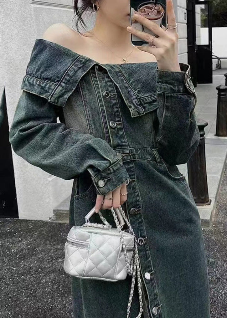 Blue Slash Neck Patchwork Side Open Denim Long Dresse Puff Sleeve