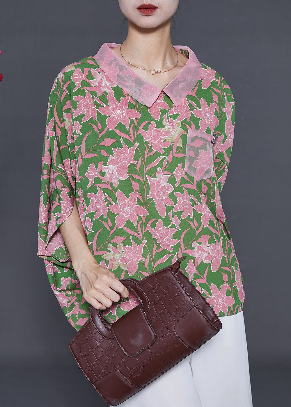 Green Oversized Print Chiffon Tops Batwing Sleeve