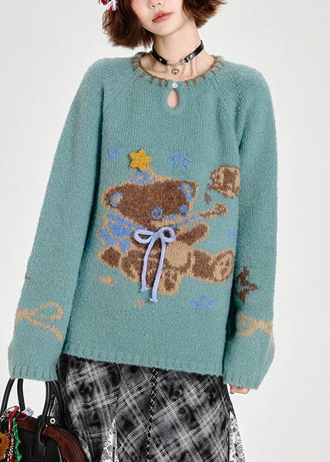 Fitted Blue Oversized Bear Knit Sweater Tops Winter