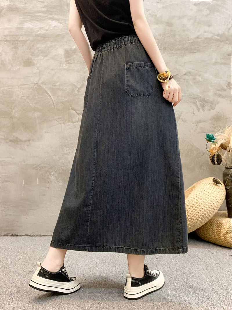 Summer Artsy Flower Embroidert Denim Skirt