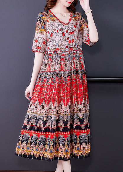 Red V Neck Print Draping Chiffon Long Dresses Short Sleeve