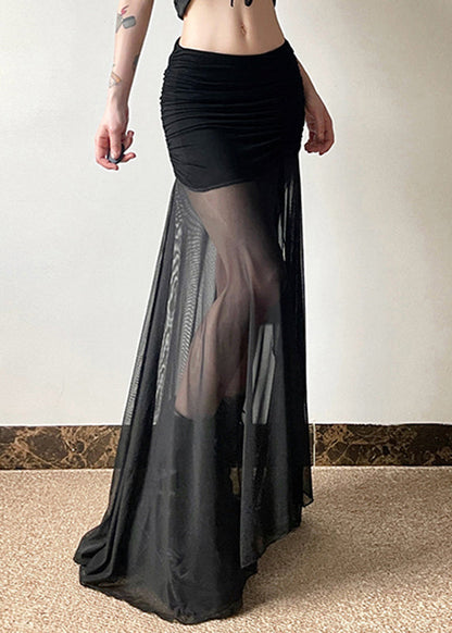 Black Elastic Waist Wrinkled Tulle Patchwork Maxi Skirt Summer