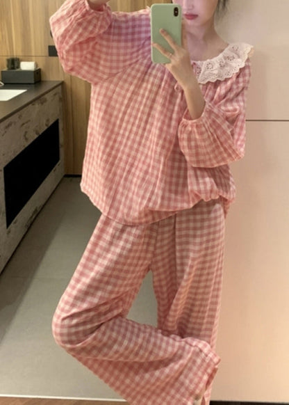 Art Pink Plaid Lace Patchwork Cotton Pajamas Two Pieces Set Fall