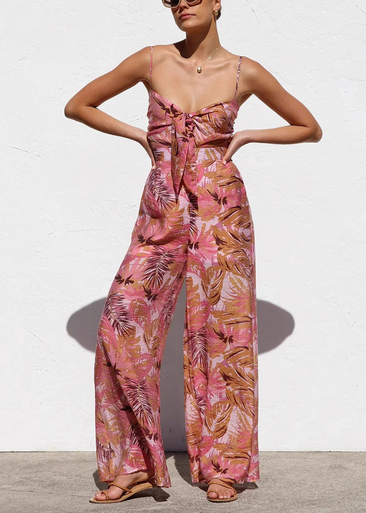 Red Print Cotton Spaghetti Strap Jumpsuit Summer